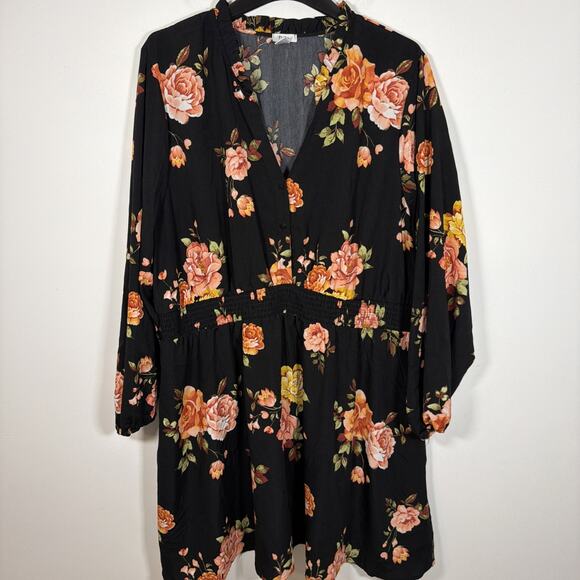 Rue + Plus Size Floral Dress 4X Long Sleeve Midi Ruched Waist Fit & Flare - Picture 3 of 10